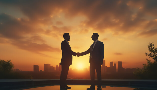 silhouette of two businessman shake hand against sunset sky , exudes a sense of tranquility and enchantment