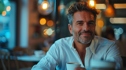 smiling man in a white shirt drinking coffe in the office, dim lighting, intimate setting, office vibes, cinematic grain - obrazy, fototapety, plakaty