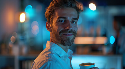 smiling man in a white shirt drinking coffe in the office, dim lighting, intimate setting, office vibes, cinematic grain