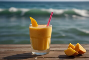 Fruit smoothie on the background of the sea, vacation, summer mango