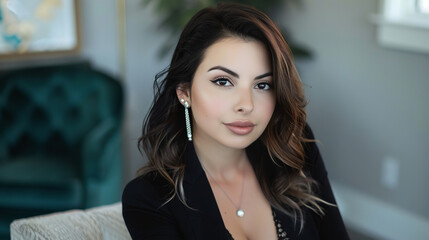 woman hairstylist, 29 years old, stylish, trendy, smart elegant black clothes aesthetic, black medium length hair, soft beachy waves in hair, silver and diamonds jewelry, leather blazer,