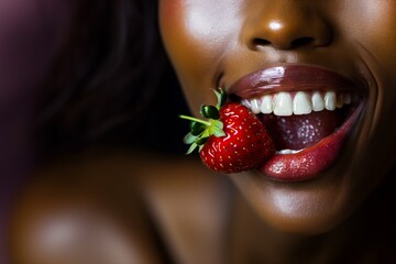 A Black woman holding a strawberry between her teeth.
