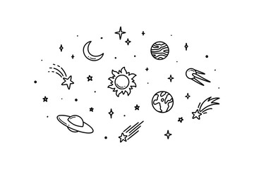 Cute line doodle space background. Childish illustration. Hand drawn planets, sun, moon, stars, satellite. Saturn rings. Sketch twinkle, starburst, sparks. Night starry sky © Kseniia