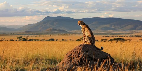 A cheetah poised on a termite mound, surveying the vast savanna, the panoramic view encompassing...