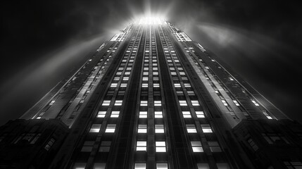 Dramatic black and white photo of a grand Art Deco skyscraper illuminated by captivating beams of light