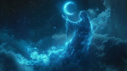 Blue glowing hand reaching through a cosmic nebula in space