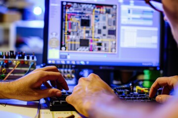 Two individuals working on computer with circuit board in background, focused on digital technology research and development - Powered by Adobe