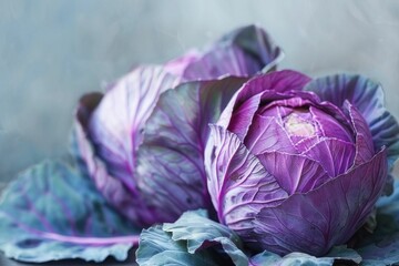 Closeup of vibrant purple cabbage heads on a neutral gray background, fresh organic vegetables concept