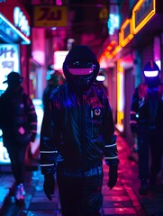 Retro-Futuristic Street Scene in Neon-Lit City at Night