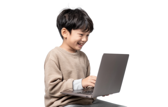 Young Asian Boy Smiling with Laptop