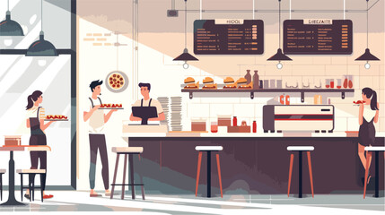 Pizzeria restaurant or cafe interior with workers and