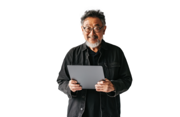 Senior Japanese Man Smiling with Tablet