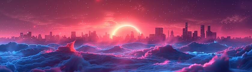 Digital art of a city skyline at dawn, with a neon-lit cloudscape creating a surreal cyberpunk vibe.
