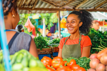 Beautiful Female Customer Buying Sustainable Organic Vegetables From a Joyful Black Female Farmer on a Sunny Summer Day. Successful Street Vendor Managing a Farm Stall at an Outdoors Eco Market