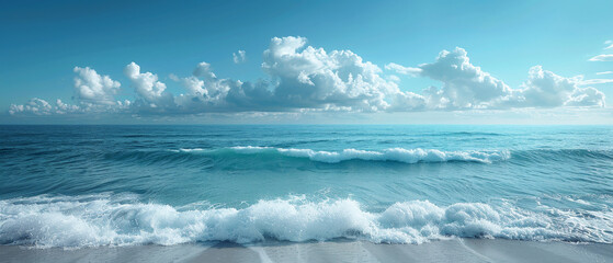 Pristine Waves on Tranquil Beach with Fluffy Clouds - obrazy, fototapety, plakaty