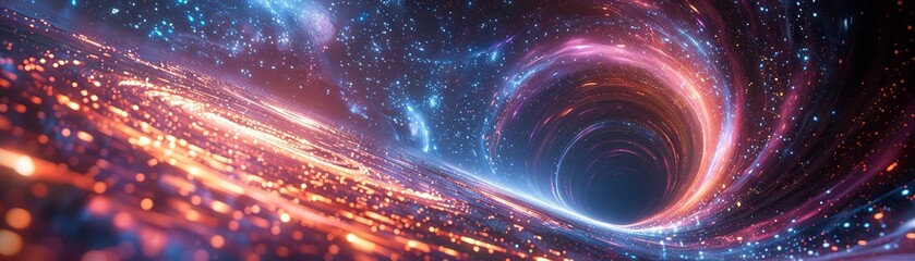 Artistic rendition of a black hole vortex in space with a luminous accretion disk and starry background.