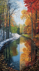 Mirror-like Reflections in Water Amidst the Changing Seasons, Ideal for Tranquil Wallpapers or Decor