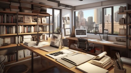 This photorealistic rendering presents a home office that merges functionality with creativity, designed as a virtual background with a 3D spatial feeling