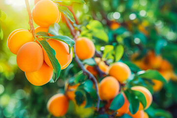 Bunch of fresh apricots hanging on a tree in apricot tree garden. - Powered by Adobe