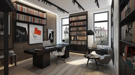 This photorealistic rendering presents a home office that merges functionality with creativity, designed as a virtual background with a 3D spatial feeling