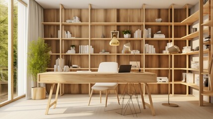 This photorealistic rendering presents a home office that merges functionality with creativity, designed as a virtual background with a 3D spatial feeling