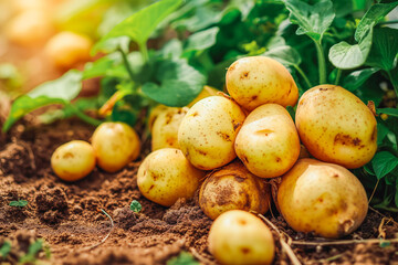 Bunch of fresh potatos in potato garden dirty from the soil