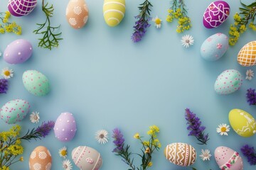 Colorful Easter Eggs and Wildflowers on Blue Background, Top View, Flat Lay, Copy Space