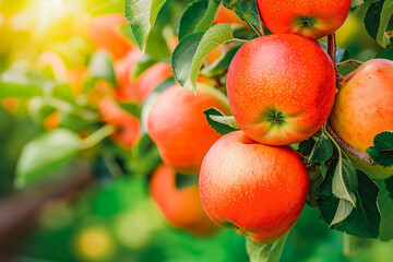 Bunch of fresh ripe apples hanging on a tree in apple garden.