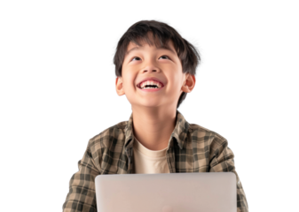 Young Asian Boy Smiling with Laptop