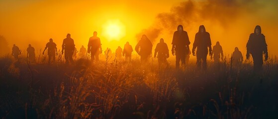 Sunset March of the Silhouetted Undead. Concept Horror Photography, Halloween Theme, Creative Lighting, Atmospheric Setting, Shadowy Figures - obrazy, fototapety, plakaty