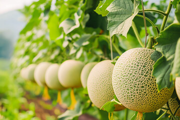 Bunch of fresh ripe melon hanging on a tree in melon garden.
