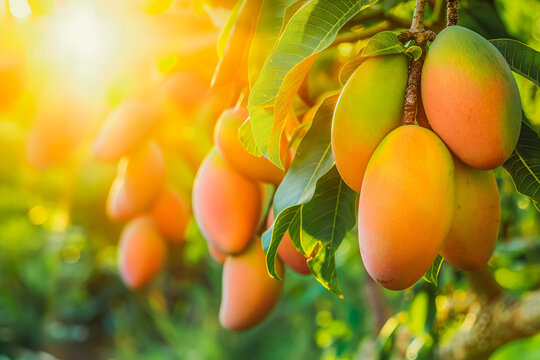 Bunch of fresh ripe mango hanging on a tree in mango garden.