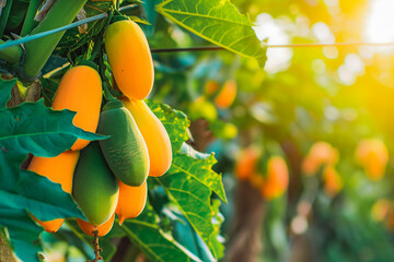 Bunch of fresh ripe papaya fruit hanging on a tree in papaya fruit garden. - Powered by Adobe