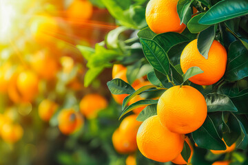 Bunch of fresh ripe oranges hanging on a tree in orange garden.