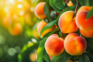 Bunch of fresh ripe peach hanging on a tree in peach garden.