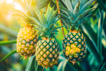 Bunch of fresh ripe pineapple fruit hanging on a tree in pineapple fruit garden.