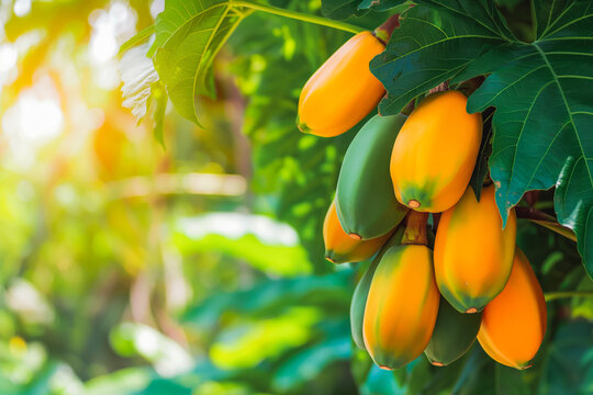 Bunch of fresh ripe papaya fruit hanging on a tree in papaya fruit garden.