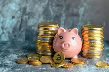 Concept of financial investment and wealth accumulation with pink piggy bank, gold coins, and bitcoin on dark background