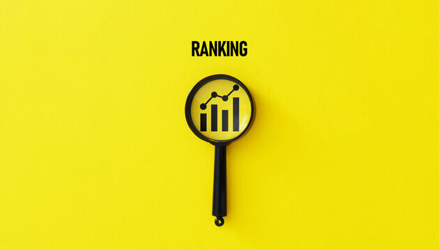 Increase ranking is shown with magnifier on a graph. SEO rankings concept Search engine optimization