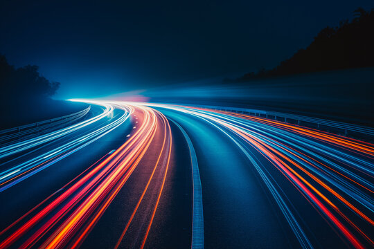 Cars lights on the road at night time. Timelapse, hyperlapse of transportation. Motion blur, light trails, abstract soft glowing lines