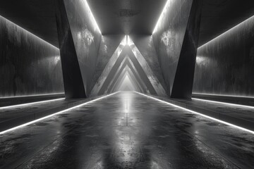 An atmospheric 3D rendering of a futuristic corridor with symmetrical glowing light strips leading to a vanishing point