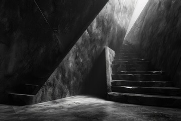 Evocative black and white image of a stairway cutting through a dark, atmospheric concrete space, suggesting ascension - 786334535
