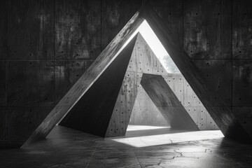 This image captures a striking concrete room with a geometric triangular opening that casts light and shadows - 786334538