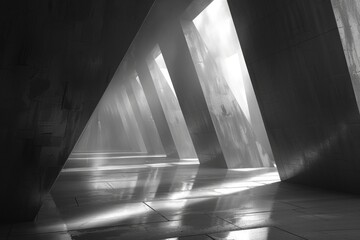 Mystical rays of light piercing through geometric concrete slits casting shadows and light patterns