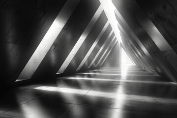 A monochrome image of sunlight streaming through geometric shapes in a modern concrete structure