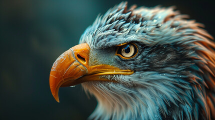 Fototapeta premium Close-up of a eagle's head showcasing its piercing eyes and sharp beak with fine details in the feathers.