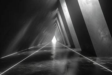 This black and white image presents a corridor fading into the vanishing point, accentuating the long perspective lines - 786334570