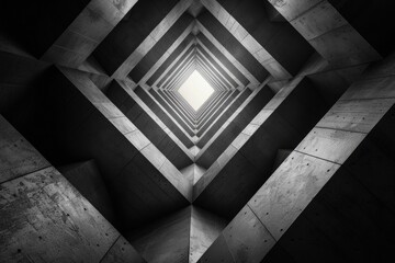 A unique perspective looking up in an angular concrete shaft with symmetric design and light at the end