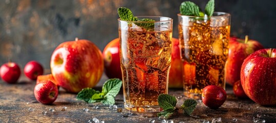 Fresh apple juice in glass with mint leaves on blurred background, copy space available