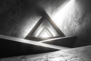 An artistic grayscale image featuring a concrete triangular tunnel and a burst of sunlight at the apex - 786334592